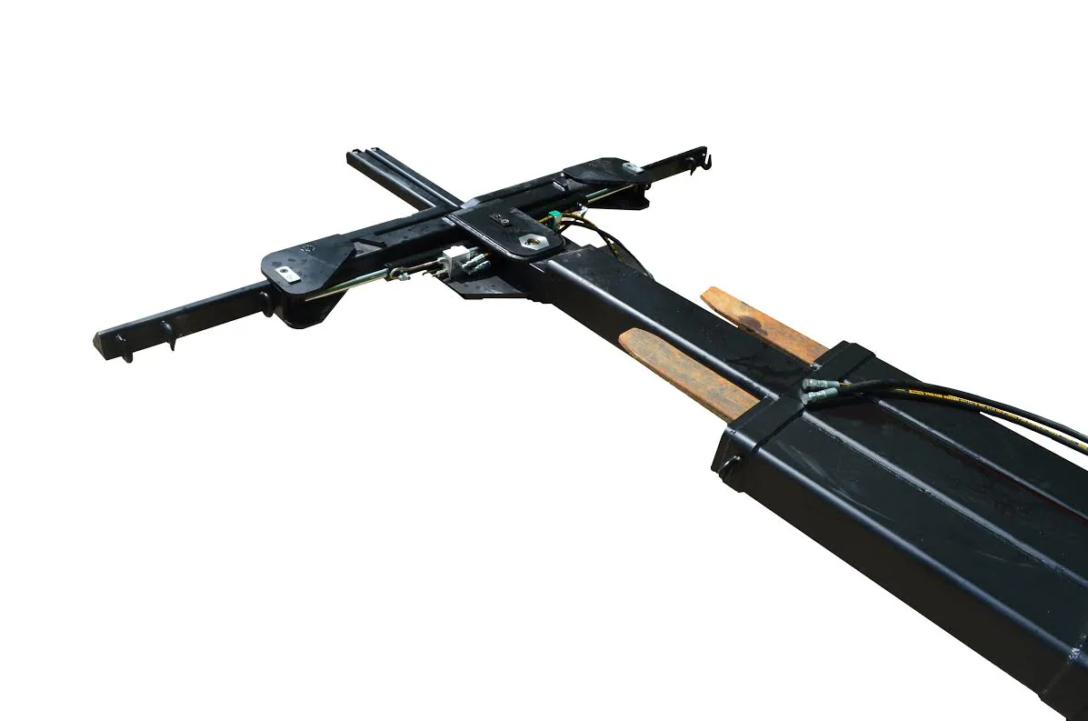 Detroit Wrecker forklift wheel-lift attachment with its hydraulic wheel-gripping arms extended.