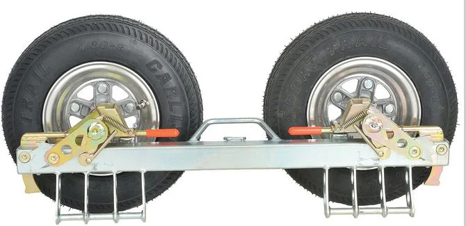 Collins towing dolly with two tires and aluminum frame.